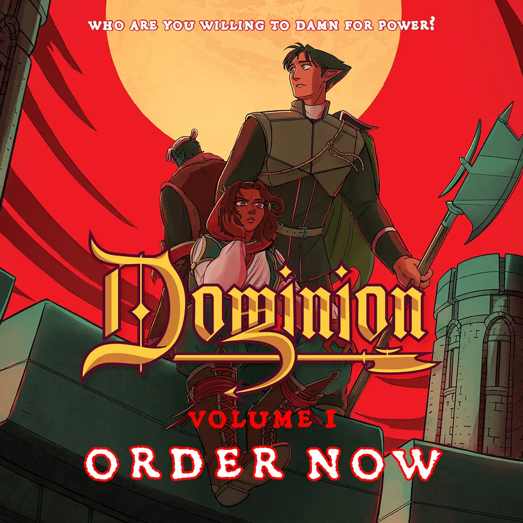 Illustration for 'Dominion' comic series: Pasha, Desmond, and Jaavir sit on the walls of Blackbridge.