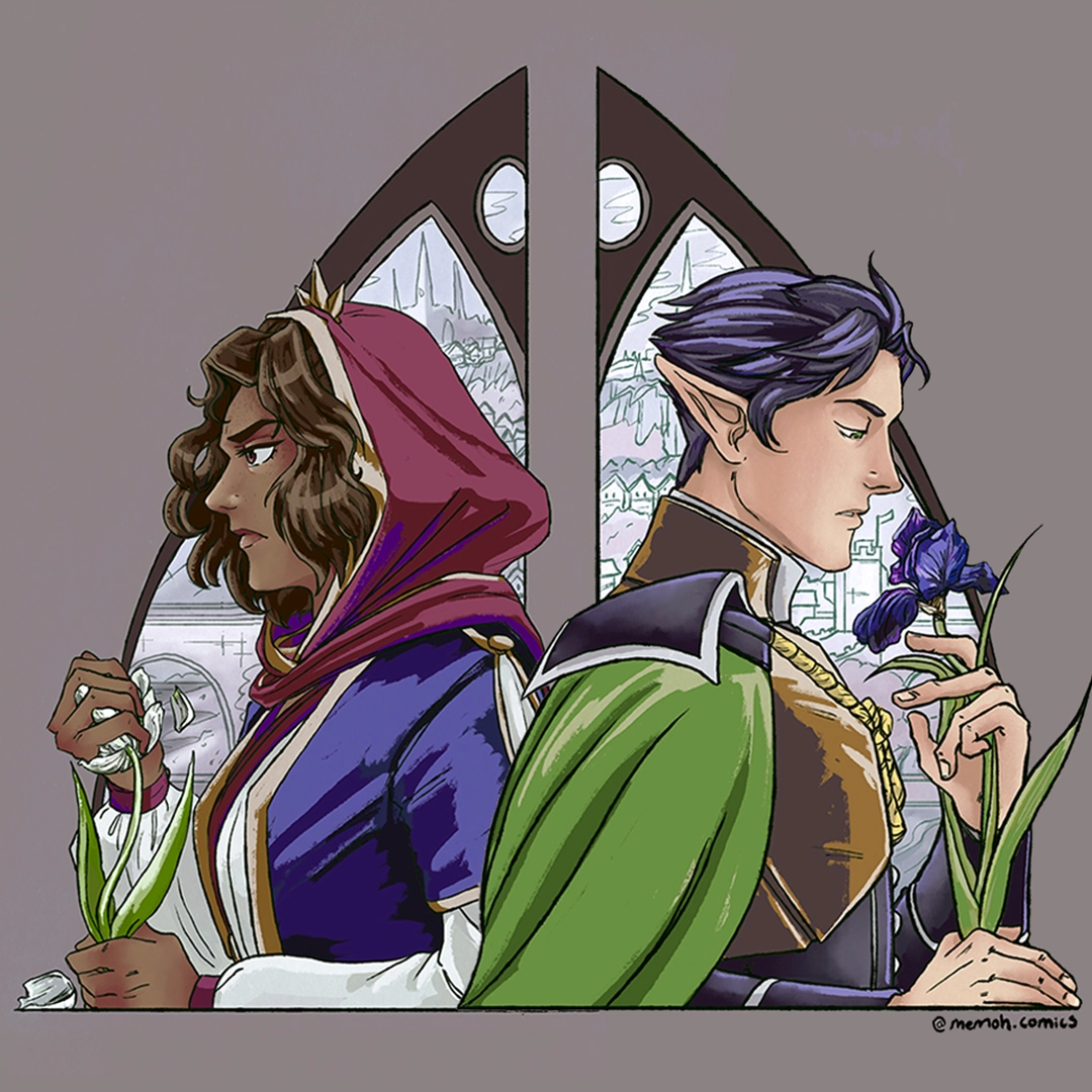 Illustration for ‘ Dominion’ comic series: Desmond holds an iris, Pasha crushes a white tulip as they pose back to back.