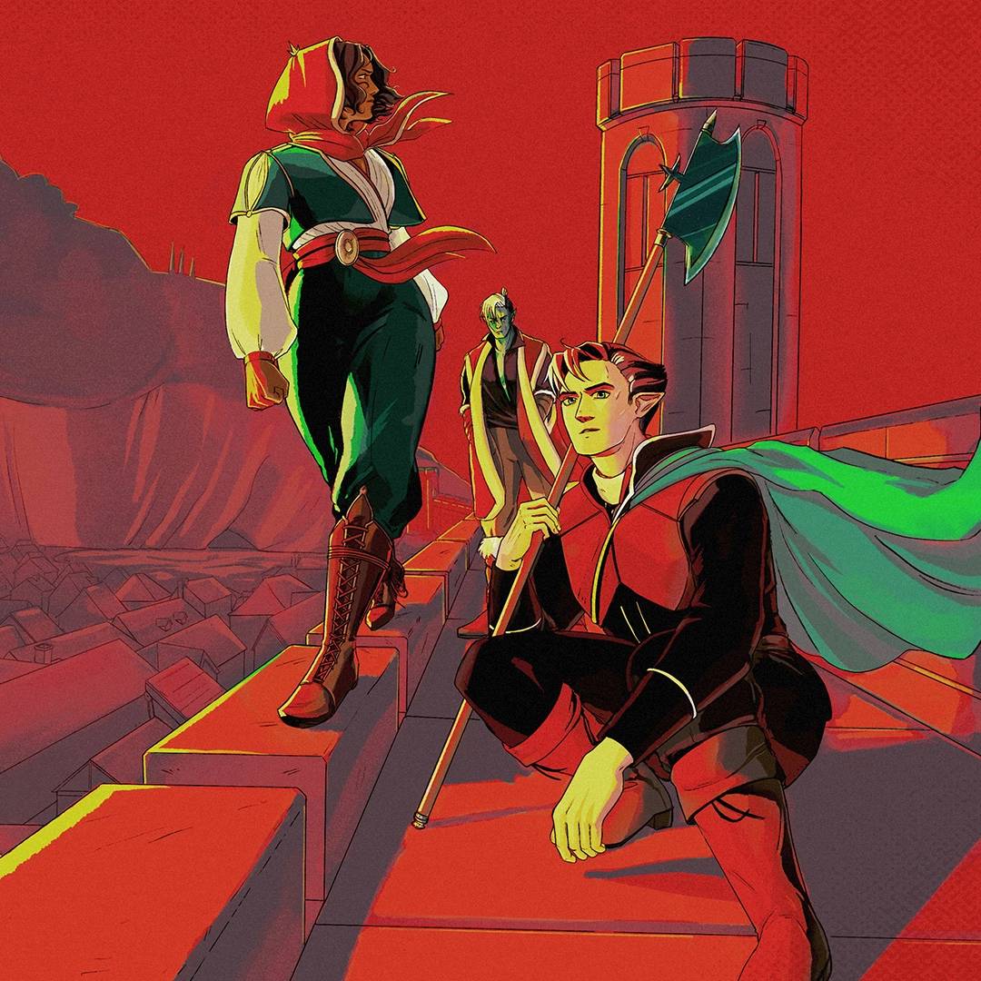 Illustration for ‘ Dominion’ comic series: Desmond, Pasha, and Jaavir walk on a stone wall overlooking a city bathed in red.