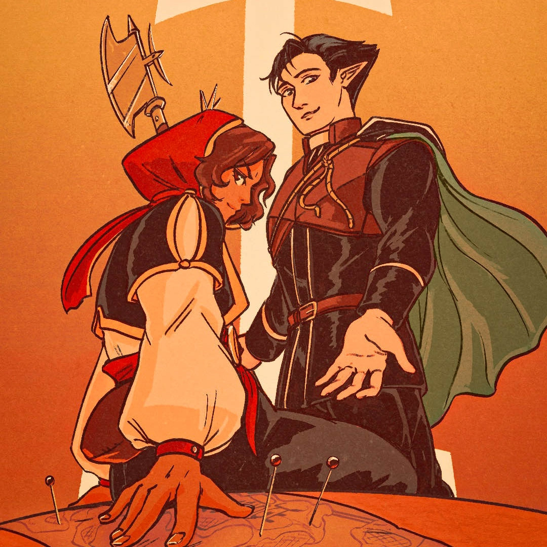 Illustration for 'Dominion' comic series: Pasha spreads her hand over a map of Blackbridge, while Desmond stands beside her.